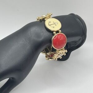 Red & Cream Enamel Gold Tone Anchor Nautical Rhinestone Stretch Bracelet 7"